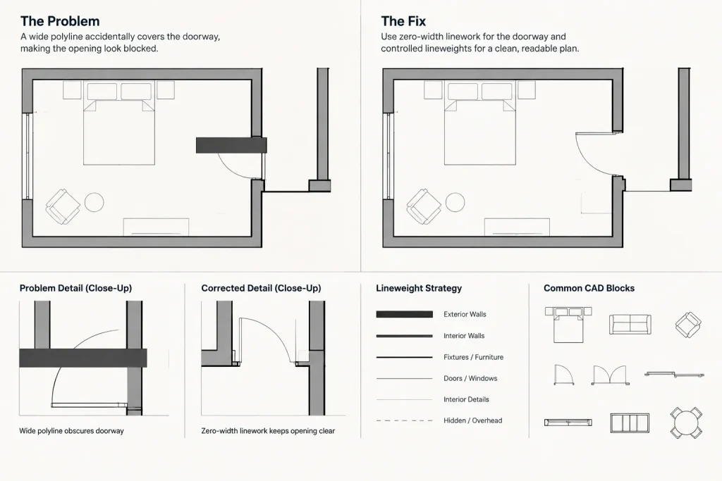 Polyline Width vs. Lineweight in Architectural CAD: When to Use Each architectural CAD illustration