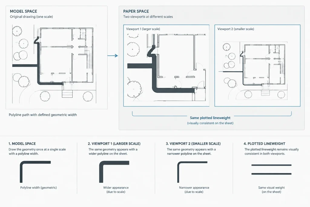 Polyline Width vs. Lineweight in Architectural CAD: When to Use Each architectural CAD illustration
