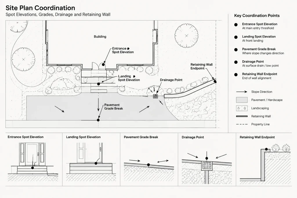 Spot Elevations and Slope Arrows in Architectural CAD Site Plans architectural CAD illustration