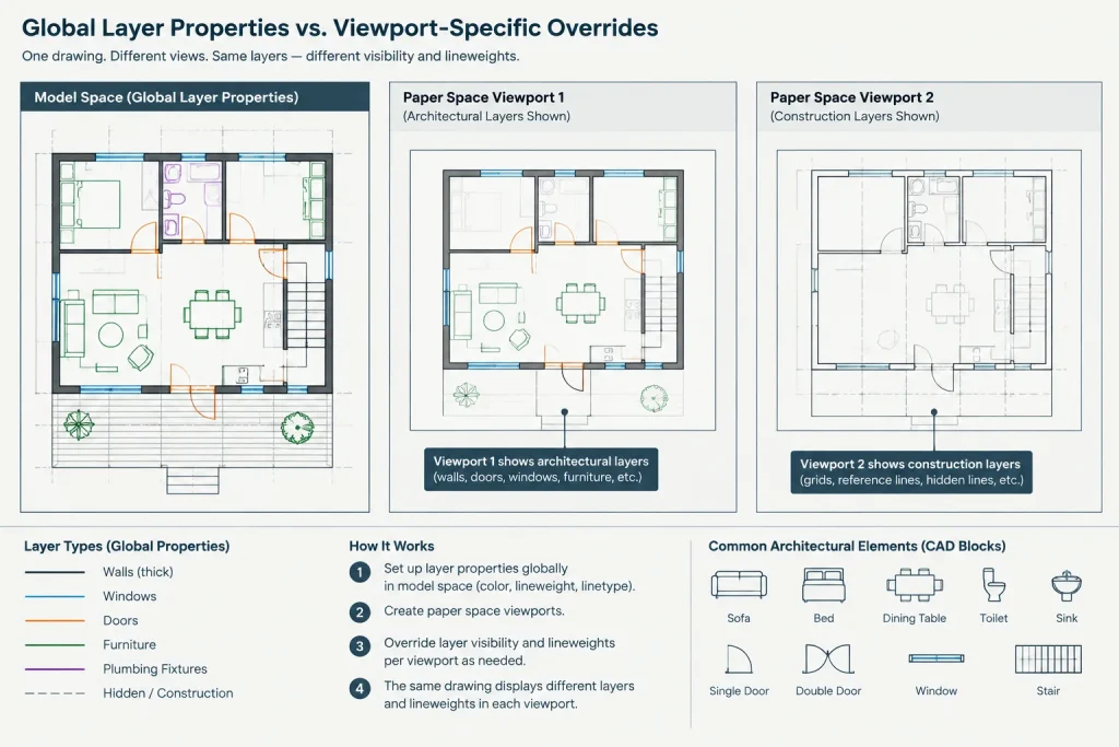 Viewport Layer Overrides in AutoCAD: A Practical Workflow for Architectural Sheets architectural CAD illustration