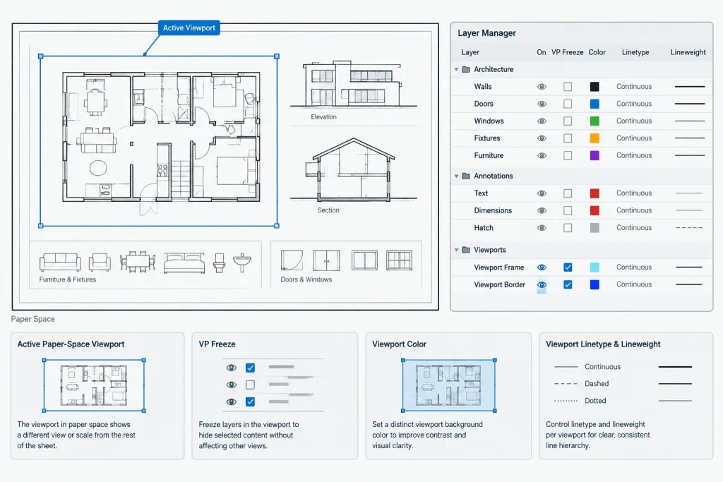 Viewport Layer Overrides in AutoCAD: A Practical Workflow for Architectural Sheets architectural CAD illustration