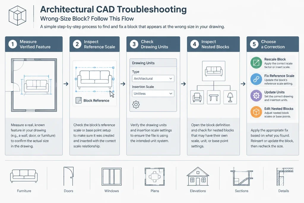 Why Is My CAD Block the Wrong Size? A Practical Scale Troubleshooting Workflow architectural CAD illustration